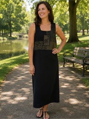 Amanda Smith Black Patchwork Maxi Dress with Animal Panel